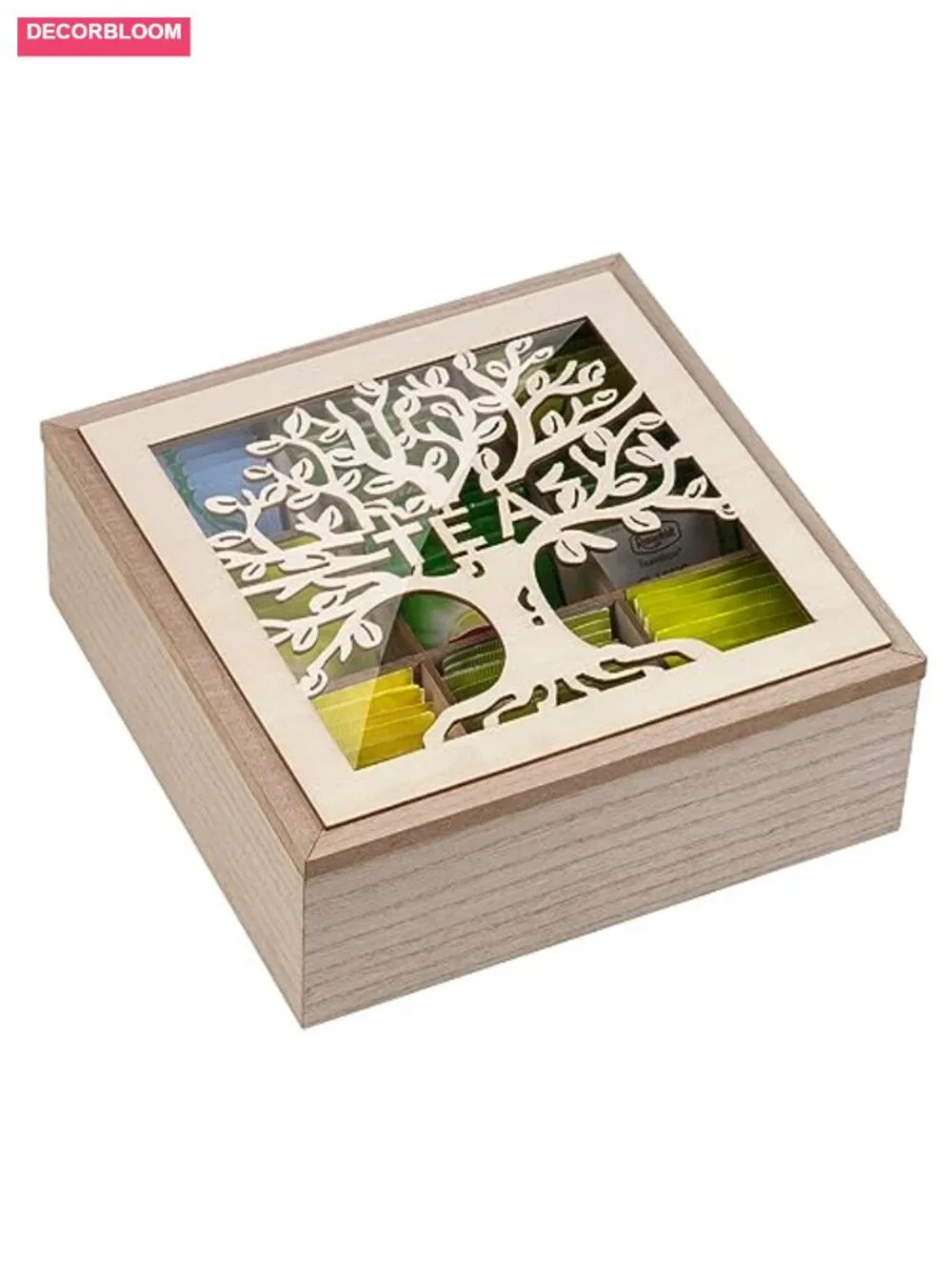 Wooden Tea Box Organizer 9-Slot Tea Bag Storage with Clear Lid for Kitchen Home